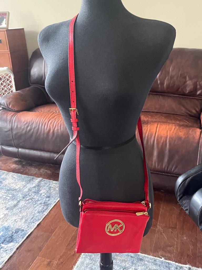 Michael Kors Red Leather Crossbody With Gold Mk Emblem